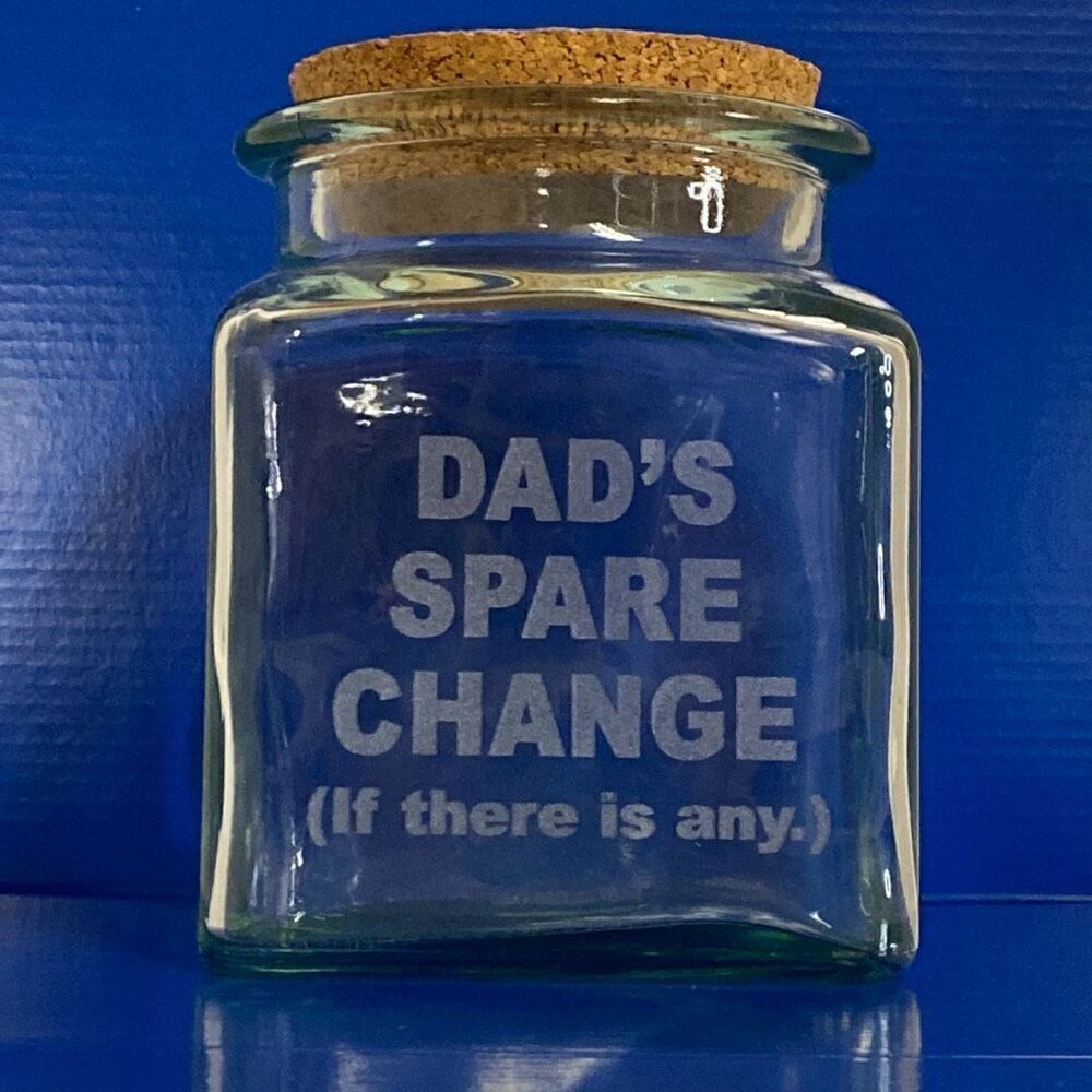 Dad’s Spare Change Jar Cork Lid Thick Clear Glass Made in Spain 5”x5”x7” READ